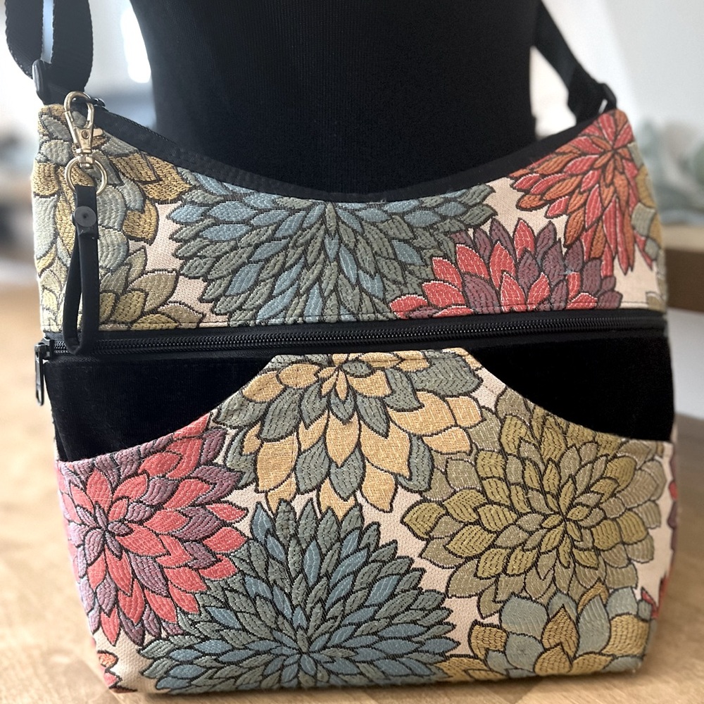 Danny K. Floral Patterned Tapestry Handbag w/Black Velour Accents